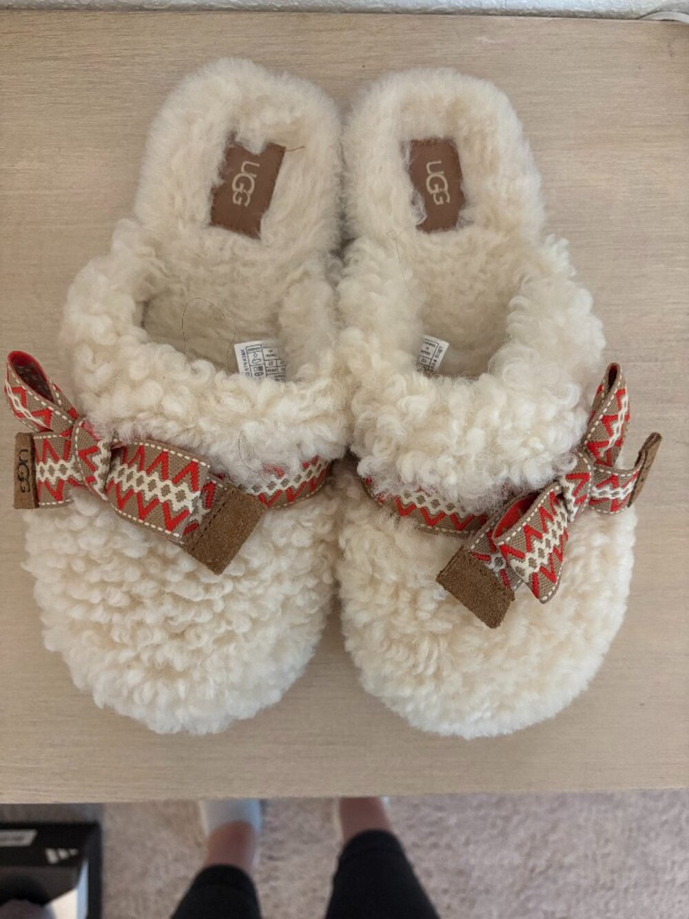 UGG Cream Shearling Slip-On Mules with Red Chevron Ribbon - Picture 5 of 6